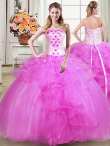 Fuchsia Tulle Lace Up Quinceanera Dresses Sleeveless Floor Length Beading and Appliques and Embroidery