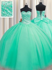 Admirable Floor Length Turquoise 15th Birthday Dress Tulle Sleeveless Beading and Bowknot