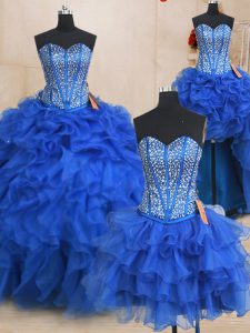 Artistic Four Piece Royal Blue Sleeveless Floor Length Beading and Ruffles Lace Up Sweet 16 Dress