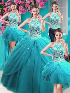 Four Piece Halter Top Floor Length Lace Up Quinceanera Dresses Aqua Blue for Military Ball and Sweet 16 and Quinceanera with Beading and Pick Ups