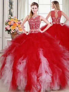 Scoop White and Red Sleeveless Floor Length Beading and Ruffles Zipper Quinceanera Dresses