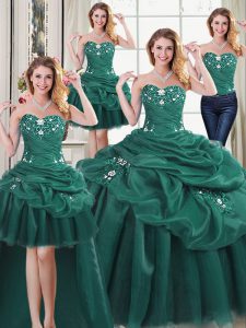 Four Piece Pick Ups Dark Green Sleeveless Organza Lace Up Quinceanera Gowns for Military Ball and Sweet 16 and Quinceanera