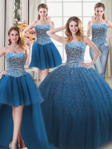 Modest Four Piece Teal Sweetheart Lace Up Beading Quinceanera Gown Sleeveless