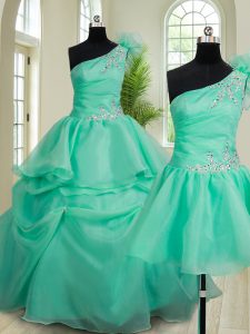 Luxurious Three Piece One Shoulder Floor Length Ball Gowns Sleeveless Turquoise Quinceanera Dresses Lace Up