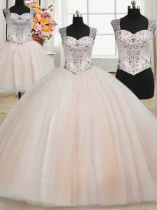 Delicate Three Piece Pink Ball Gowns Tulle Straps Sleeveless Beading Floor Length Zipper Quinceanera Gown
