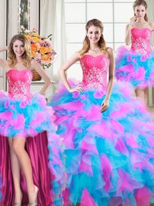 Dazzling Four Piece Multi-color Ball Gowns Beading and Ruffles Vestidos de Quinceanera Zipper Organza and Tulle Sleeveless Floor Length
