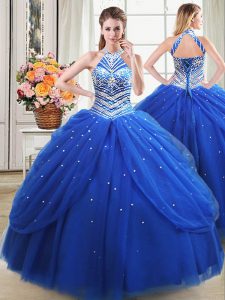 Fitting Pick Ups Halter Top Sleeveless Lace Up 15th Birthday Dress Royal Blue Tulle