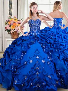 Royal Blue Ball Gowns Sweetheart Sleeveless Organza and Taffeta Floor Length Lace Up Beading and Embroidery and Pick Ups Sweet 16 Quinceanera Dress