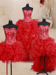 Four Piece Red Sweetheart Lace Up Beading and Ruffles 15th Birthday Dress Sleeveless