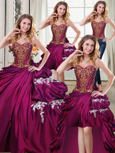 Four Piece Floor Length Lace Up Ball Gown Prom Dress Burgundy for Military Ball and Sweet 16 and Quinceanera with Beading and Appliques and Pick Ups