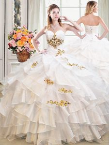 Organza Sweetheart Sleeveless Lace Up Beading and Ruffles 15th Birthday Dress in White