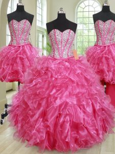 Superior Four Piece Hot Pink Ball Gowns Organza Sweetheart Sleeveless Beading and Ruffles Floor Length Lace Up Quinceanera Gown