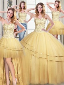 Charming Four Piece Sequins Gold Sleeveless Tulle Lace Up Quinceanera Dresses for Military Ball and Sweet 16 and Quinceanera