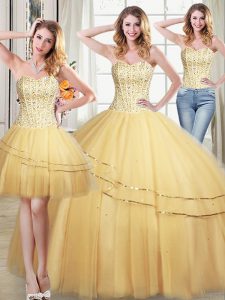 Three Piece Gold Sleeveless Floor Length Beading and Sequins Lace Up 15 Quinceanera Dress