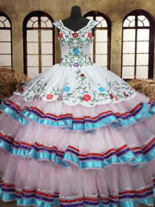 Straps Floor Length Lace Up Vestidos de Quinceanera White for Military Ball and Sweet 16 and Quinceanera with Embroidery and Ruffled Layers