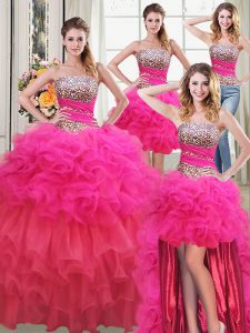 Exceptional Four Piece Multi-color Lace Up Strapless Beading and Ruffles and Ruffled Layers and Sequins Quinceanera Dress Organza Sleeveless