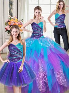 Stylish Three Piece Sleeveless Beading and Ruffles Lace Up 15th Birthday Dress