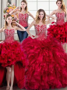 Stylish Four Piece Sweetheart Sleeveless 15th Birthday Dress Brush Train Beading and Ruffles Red Organza