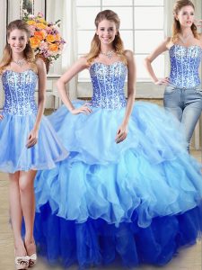 Three Piece Multi-color Organza Lace Up Sweetheart Sleeveless Floor Length Ball Gown Prom Dress Ruffles and Sequins