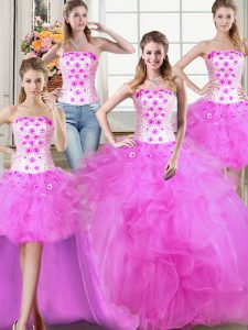 Latest Four Piece Fuchsia Ball Gowns Strapless Sleeveless Tulle Floor Length Lace Up Beading and Appliques and Ruffles 15th Birthday Dress