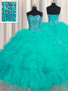 Turquoise Sweetheart Neckline Beading and Ruffles Quinceanera Dresses Sleeveless Lace Up