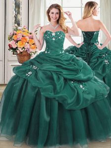 Eye-catching Organza Sweetheart Sleeveless Lace Up Beading and Appliques and Pick Ups Sweet 16 Dresses in Dark Green