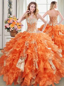 Sequins Floor Length Ball Gowns Sleeveless Orange Quince Ball Gowns Lace Up