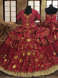 Graceful Lace Wine Red Sleeveless Beading and Embroidery and Ruffled Layers Floor Length Vestidos de Quinceanera