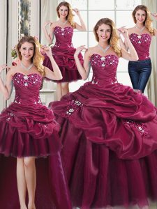 Graceful Four Piece Burgundy 15 Quinceanera Dress Military Ball and Sweet 16 and Quinceanera and For with Beading and Appliques and Pick Ups Sweetheart Sleeveless Lace Up