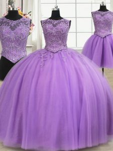 High Quality Three Piece Lilac Ball Gowns Scoop Sleeveless Tulle Floor Length Lace Up Beading and Appliques Quinceanera Dresses