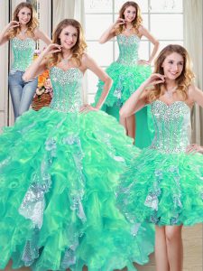 Four Piece Turquoise Quince Ball Gowns Military Ball and Sweet 16 and Quinceanera and For with Beading and Ruffles and Sequins Sweetheart Sleeveless Lace Up