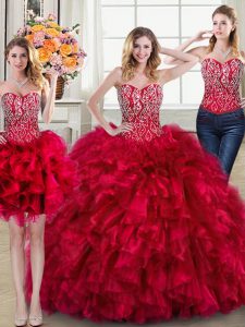 Vintage Three Piece Red Sweet 16 Quinceanera Dress Sweetheart Sleeveless Brush Train Lace Up