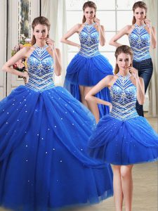 Glorious Four Piece Halter Top Floor Length Royal Blue Sweet 16 Quinceanera Dress Tulle Sleeveless Beading and Pick Ups