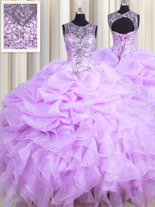 Lavender Vestidos de Quinceanera Military Ball and Sweet 16 and Quinceanera and For with Beading and Ruffles and Pick Ups Scoop Sleeveless Lace Up