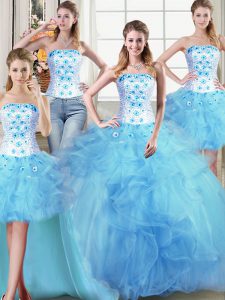 Sophisticated Four Piece Tulle Sleeveless Floor Length Sweet 16 Dresses and Beading and Appliques and Ruffles