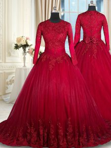 Lovely Scoop Long Sleeves Beading and Lace and Bowknot Clasp Handle Ball Gown Prom Dress