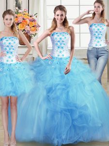 Three Piece Light Blue Sleeveless Tulle Lace Up Ball Gown Prom Dress for Military Ball and Sweet 16 and Quinceanera