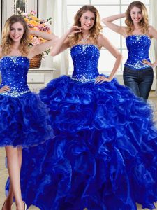 Three Piece Royal Blue Strapless Lace Up Beading and Ruffles Vestidos de Quinceanera Sleeveless