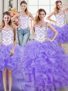 Graceful Four Piece Lavender Lace Up Straps Beading and Lace and Ruffles Quinceanera Dress Organza Sleeveless