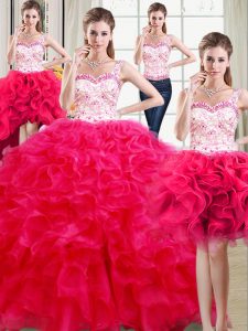 Edgy Four Piece Hot Pink Organza Lace Up Straps Sleeveless Floor Length Sweet 16 Dresses Beading and Ruffles
