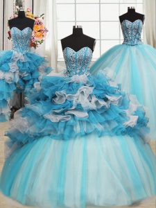 Sweetheart Sleeveless Organza and Tulle Sweet 16 Dress Beading and Ruffles Lace Up