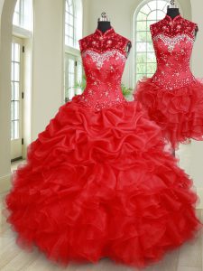 Three Piece Red Sleeveless Floor Length Beading and Ruffles and Pick Ups Lace Up Quinceanera Dresses