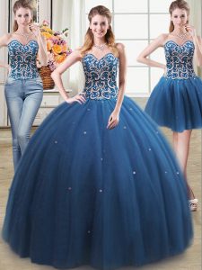 Three Piece Teal Ball Gowns Sweetheart Sleeveless Tulle Floor Length Lace Up Beading Ball Gown Prom Dress