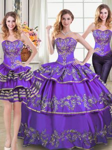 High Class Three Piece Ruffled Eggplant Purple Sleeveless Taffeta Lace Up 15 Quinceanera Dress for Military Ball and Sweet 16 and Quinceanera