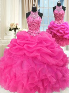 Three Piece Halter Top Sleeveless Organza Vestidos de Quinceanera Beading and Ruffles and Pick Ups Lace Up