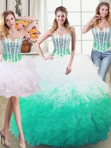 Three Piece White and Green Ball Gowns Organza Sweetheart Sleeveless Beading and Ruffles Floor Length Lace Up Quinceanera Dress