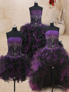 Colorful Four Piece Strapless Sleeveless Lace Up Quinceanera Dress Black and Purple Organza