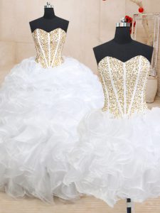 Three Piece White Ball Gowns Sweetheart Sleeveless Organza Floor Length Lace Up Beading and Ruffles Quinceanera Gowns