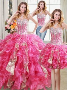 Clearance Three Piece Sequins Sweetheart Sleeveless Lace Up Quinceanera Dresses Hot Pink Organza