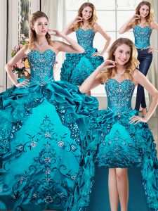 Exquisite Four Piece Teal Organza and Taffeta Lace Up Sweetheart Sleeveless Floor Length Quinceanera Gowns Beading and Embroidery and Pick Ups